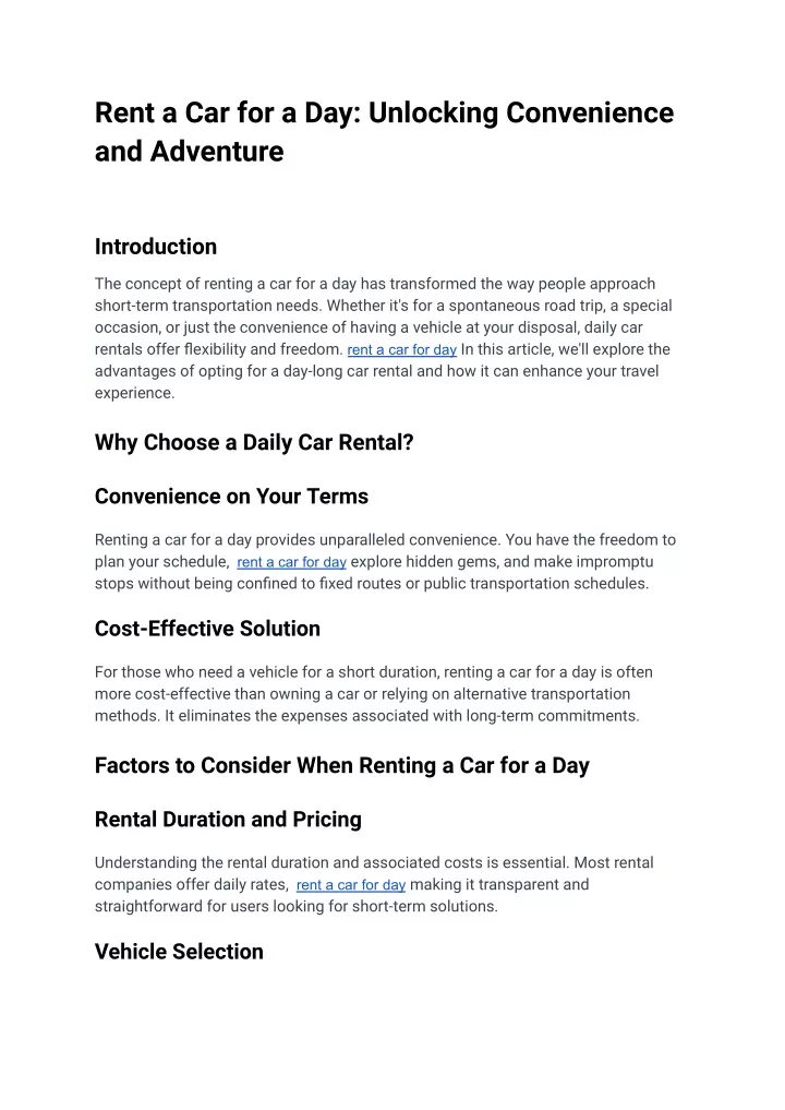 rent a car for a day unlocking convenience