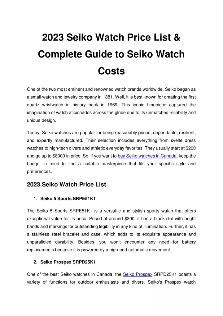 2023 seiko watch price list