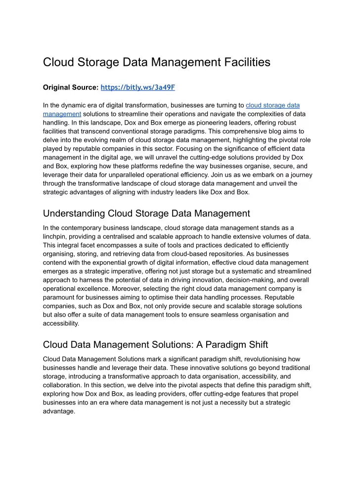 cloud storage data management facilities