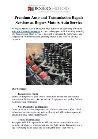 Premium Auto and Transmission Repair Services at Rogers Motors Auto Service