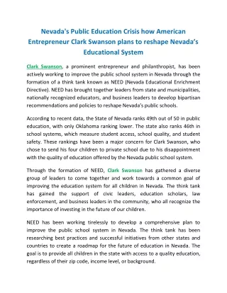 Nevada's Public Education Crisis: how American Entrepreneur Clark Swanson plans to reshape Nevada’s Educational System