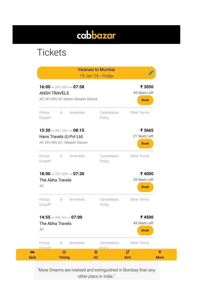 varanasi to mumbai bus tickets