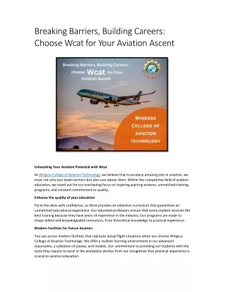 Breaking Barriers, Building Careers Choose Wcat for Your Aviation Ascent