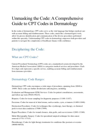 Unmasking the Code: A Comprehensive Guide to CPT Codes in Dermatology