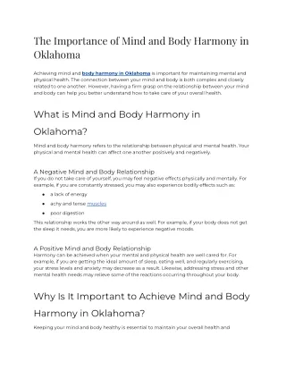 The Importance of Mind and Body Harmony in Oklahoma