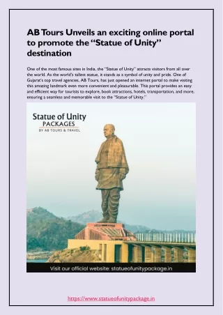 AB Tours Unveils an exciting online portal to promote the “Statue of Unity” destination