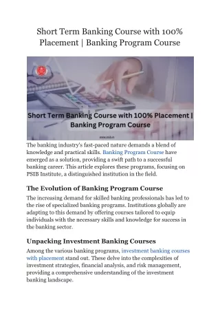 Short Term Banking Course with 100% Placement  Banking Program Course-PSIB