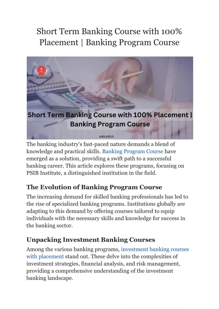 short term banking course with 100 placement