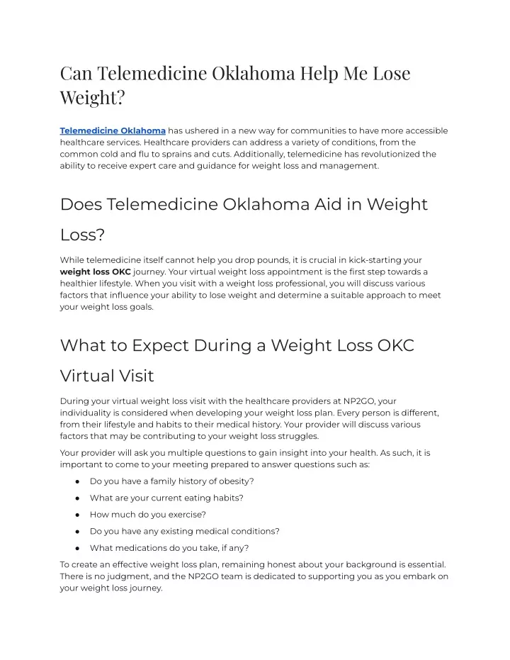 can telemedicine oklahoma help me lose weight