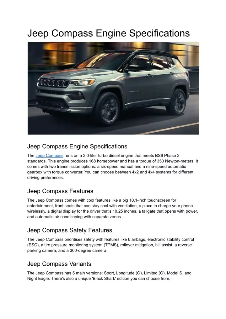 jeep compass engine specifications