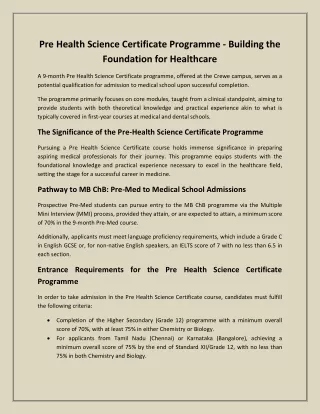 Pre Health Science Certificate Programme - Building the Foundation for Healthcare
