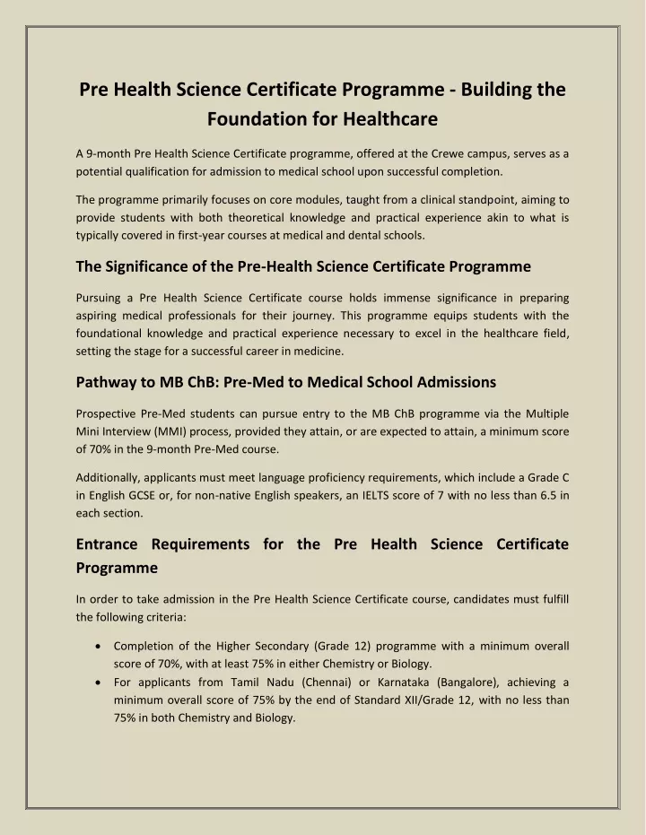 pre health science certificate programme building