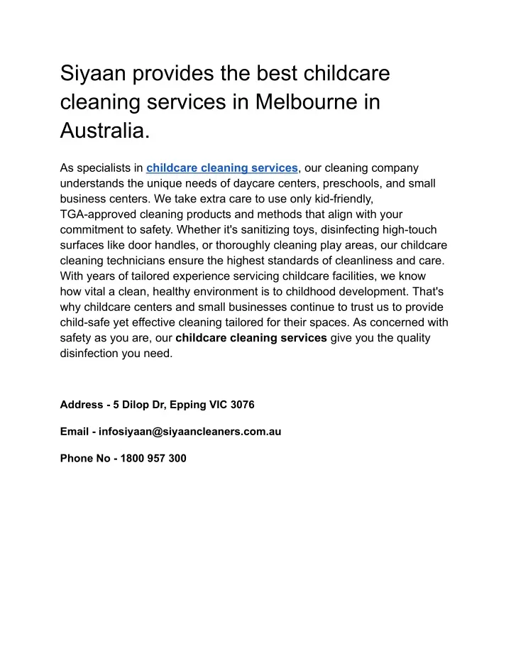 siyaan provides the best childcare cleaning