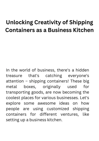 Unlocking Creativity of Shipping Containers as a Business Kitchen