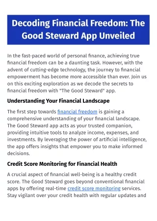 Decoding Financial Freedom: The Good Steward App Unveiled