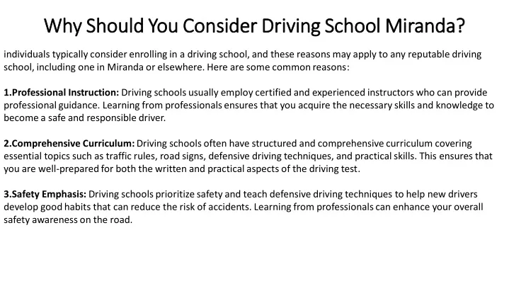 why should you consider driving school miranda