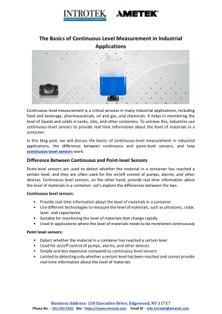 The Basics of Continuous Level Measurement in Industrial Applications