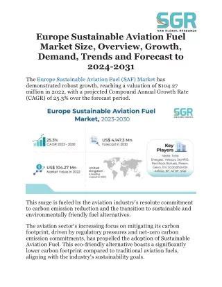 Europe Sustainable Aviation Fuel Market Hits 104.27 Million in 2022