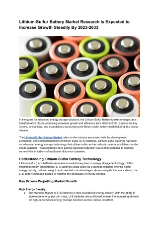 Lithium-Sulfur Battery Market Research Is Expected to Increase Growth Steadily By 2023-2033