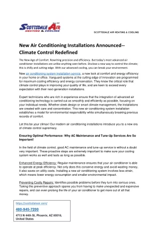 New Air Conditioning Installations Announced--Climate Control Redefined