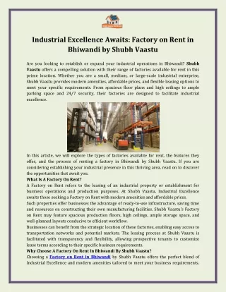 Industrial Excellence Awaits  Factory on Rent in Bhiwandi by Shubh Vaastu