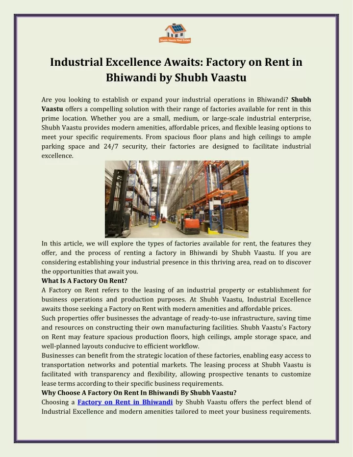 industrial excellence awaits factory on rent