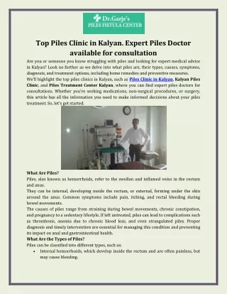 Top Piles Clinic in Kalyan  Expert Piles Doctor available for consultation