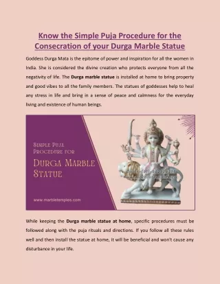 Know the simple Puja Procedure for the Consecration of your Durga Marble Statue