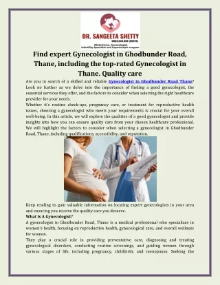 Find expert Gynecologist in Ghodbunder Road, Thane, including the top-rated Gynecologist in Thane. Quality care