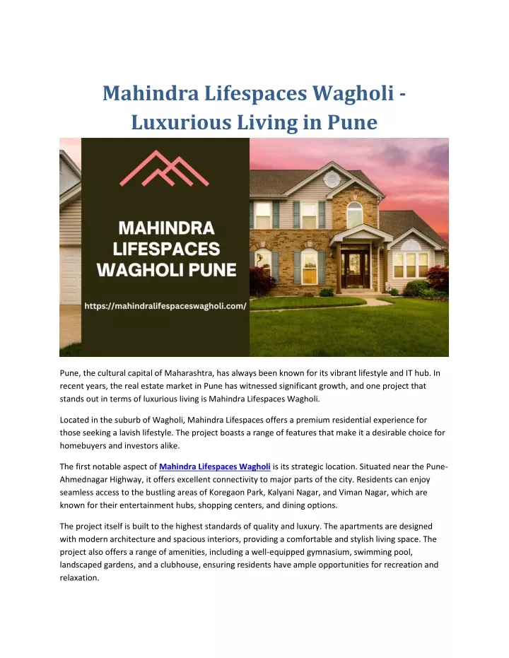 mahindra lifespaces wagholi luxurious living