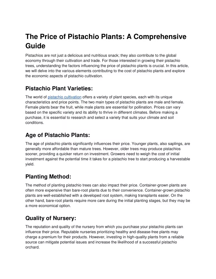 the price of pistachio plants a comprehensive