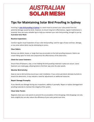 Tips for Maintaining Solar Bird Proofing in Sydney