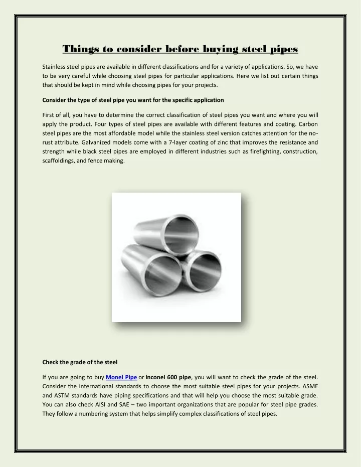 things to consider before buying steel pipes