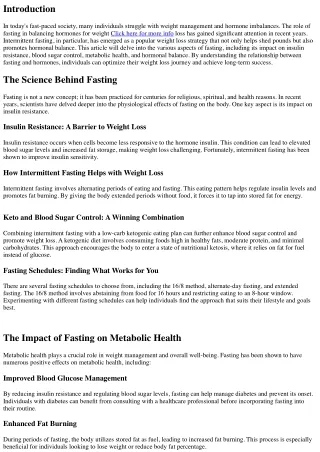 The Role of Fasting in Balancing Hormones for Weight Loss
