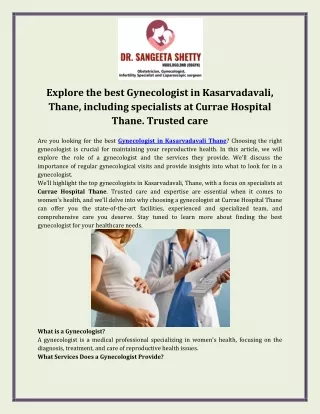 Explore the best Gynecologist in Kasarvadavali, Thane, including specialists at Currae Hospital Thane. Trusted care