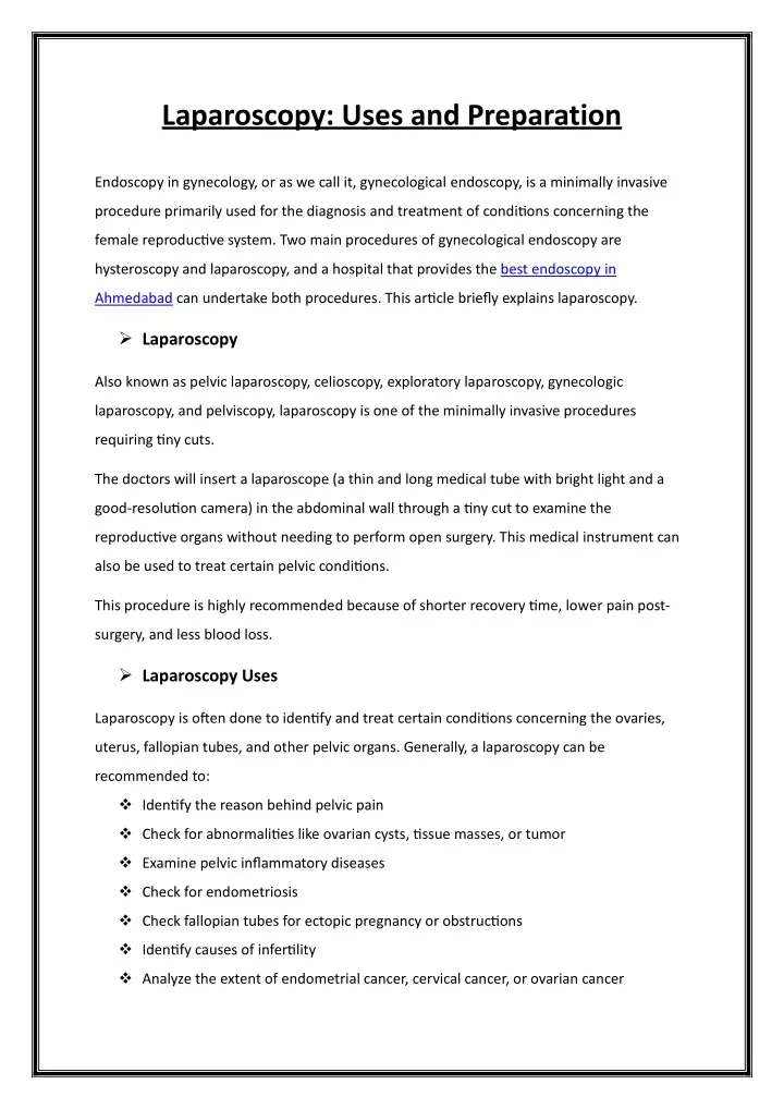 laparoscopy uses and preparation endoscopy