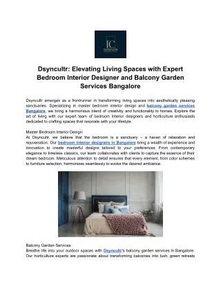 Dsyncultr - Elevating Living Spaces with Expert Bedroom Interior Designer and Balcony Garden Services Bangalore
