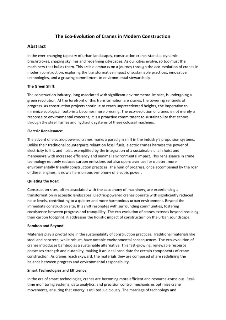 the eco evolution of cranes in modern construction