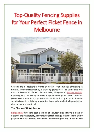 Top-Quality Fencing Supplies for Your Perfect Picket Fence in Melbourne