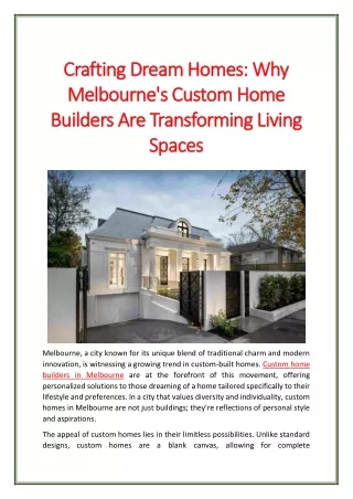 Crafting Dream Homes: Why Melbourne's Custom Home Builders Are Transforming Livi