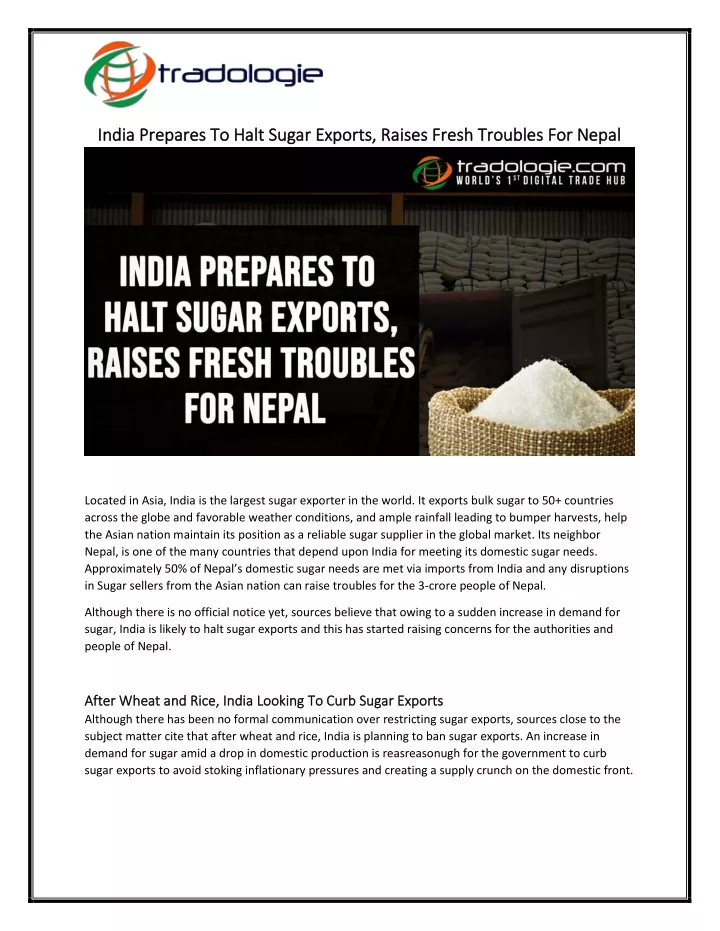 india prepares to halt sugar exports raises fresh