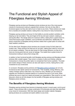 The Functional and Stylish Appeal of Fiberglass Awning Windows