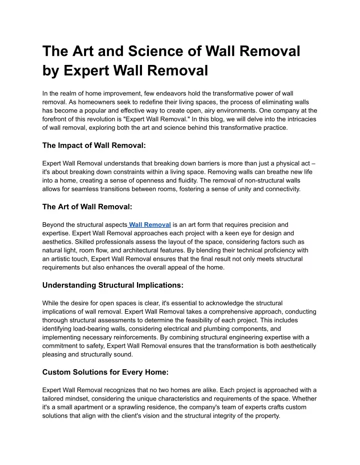 the art and science of wall removal by expert