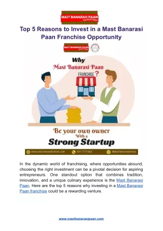 Top 5 Reasons to Invest in a Mast Banarasi Paan Franchise Opportunity