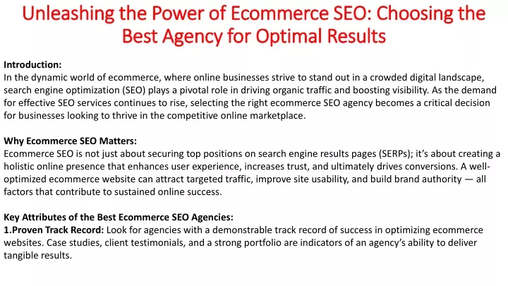 unleashing the power of ecommerce seo choosing the best agency for optimal results