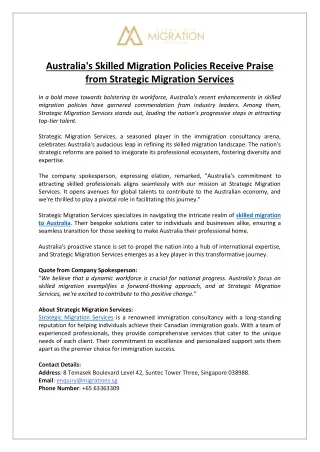 Australia's Skilled Migration Policies Receive Praise from Strategic Migration Services