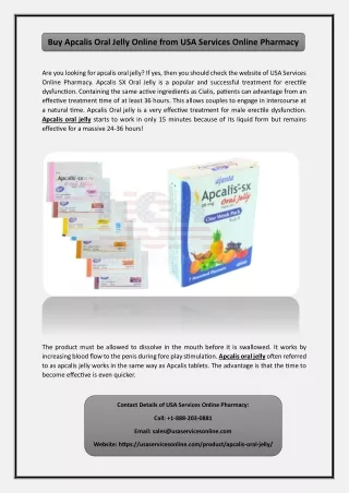 Buy Apcalis Oral Jelly Online from USA Services Online Pharmacy