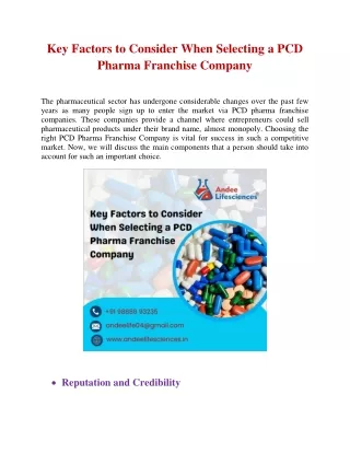 Key Factors to Consider When Selecting a PCD Pharma Franchise Company