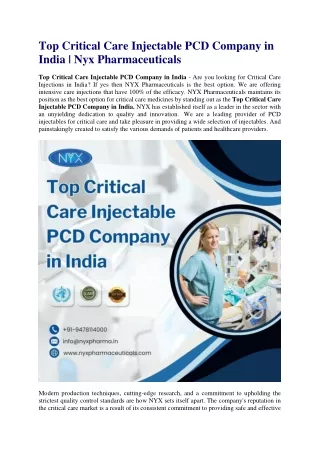 Top Critical Care Injectable PCD Company in India | Nyx Pharmaceuticals