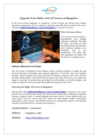 Upgrade Your Skills with AI Courses in Bangalore